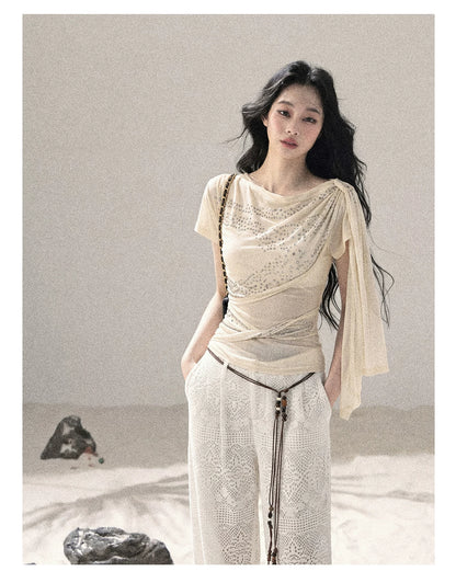 “Frosted Kiss” Dutch Cheese Crystal Mesh Short Sleeve Top