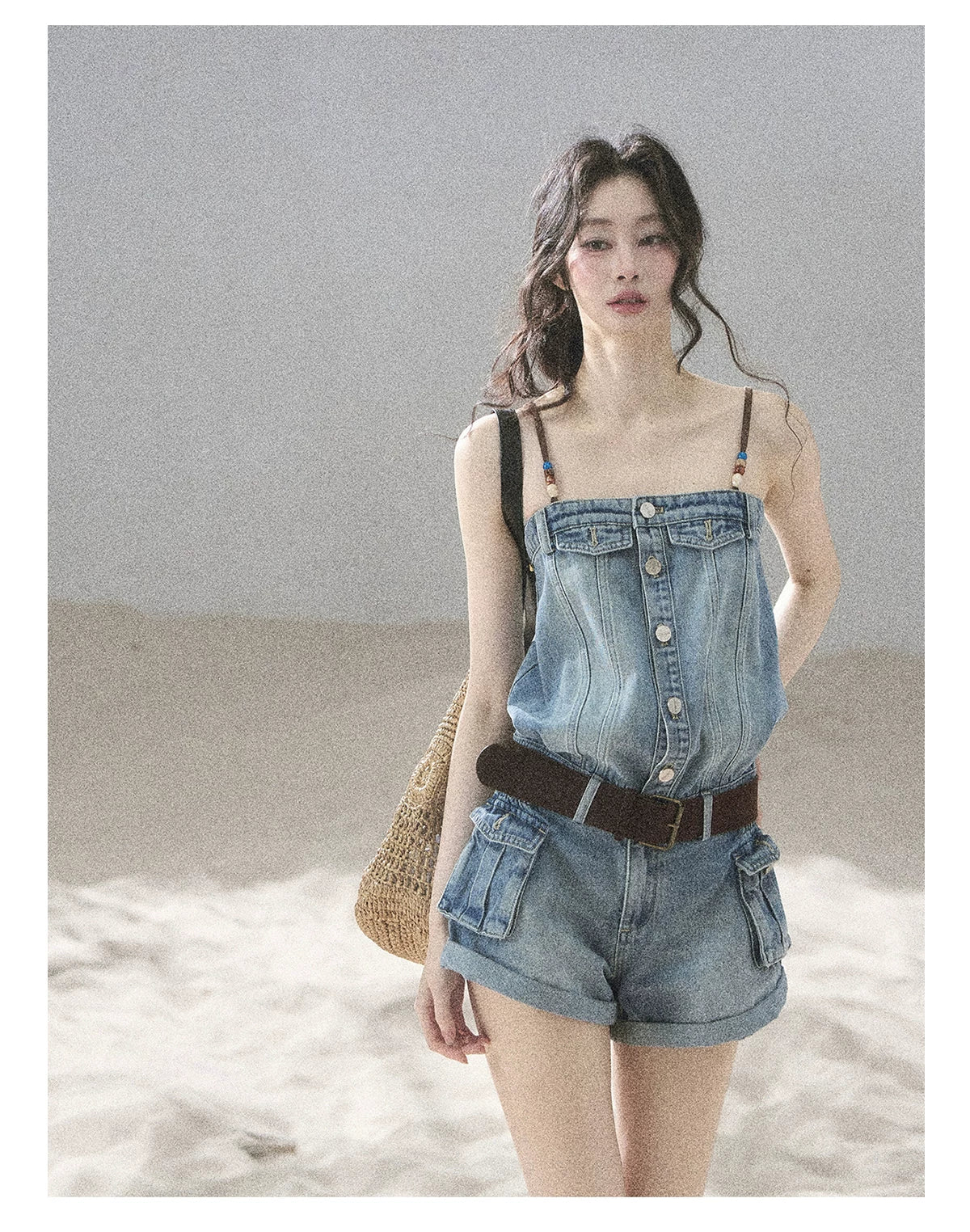 "A Walk by the Sea" Collegiate Blue Denim Utility Romper (With Belt)