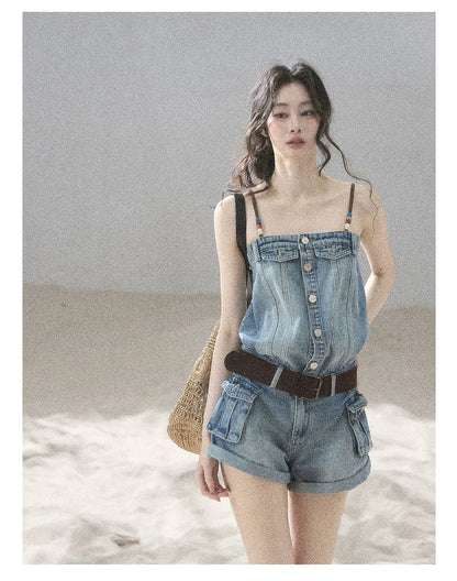 "A Walk by the Sea" Collegiate Blue Denim Utility Romper (With Belt)