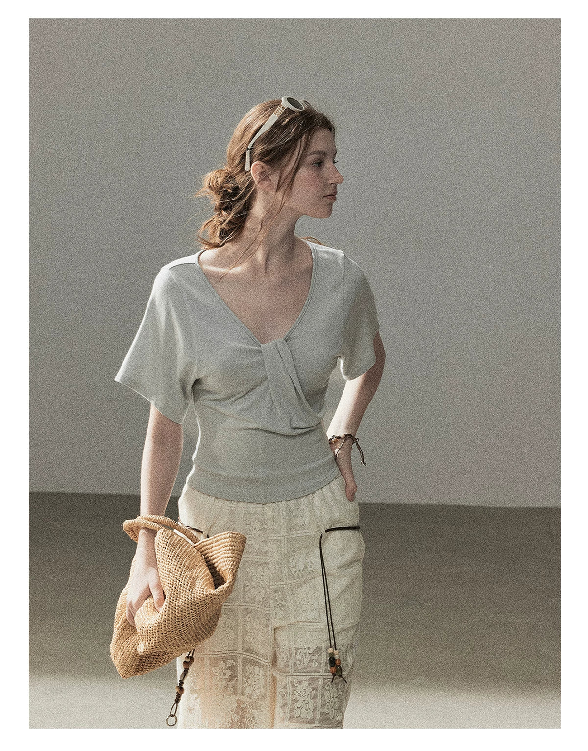 "Moonlight on Water" Twist-Front Cropped T-Shirt (Silver Mink Gray/ Mist Blue)
