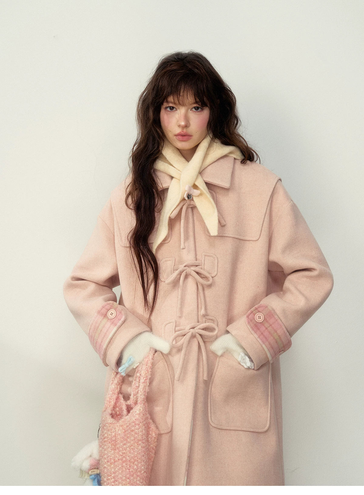 SunsetPark - Vintage Teddy Bear Bow Toggle Wool Coat (Blush Pink / Brown Bear)