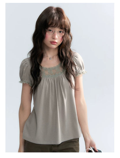 "Vintage Cream" Milk Gray Lace Trim Puff Sleeve T-Shirt