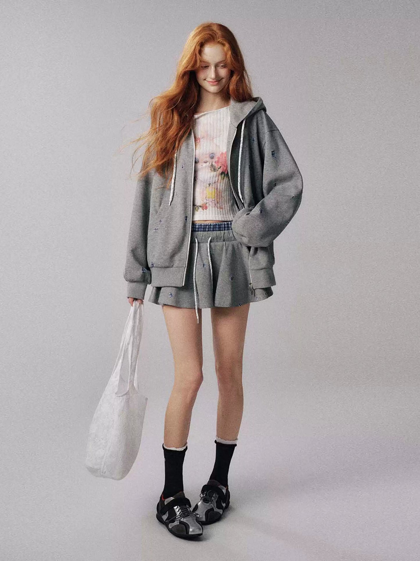 "心动符号" Gray-Blue Plaid 3-Piece MIU-Inspired Set – Hoodie, Pants & Puff Skort