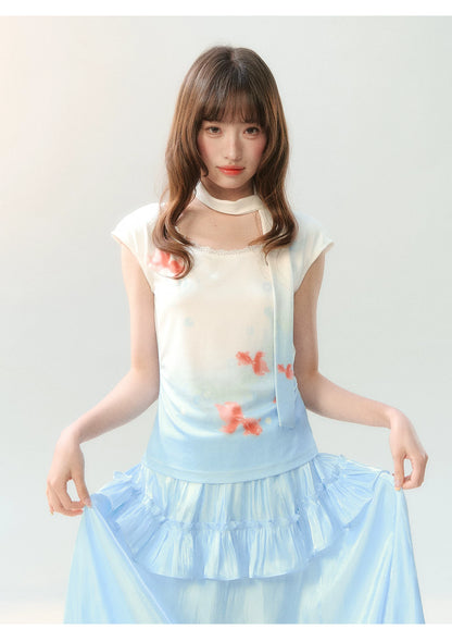 "Koi Garden Letter" White & Blue Goldfish Print Two-Piece Skirt Set LL2026220