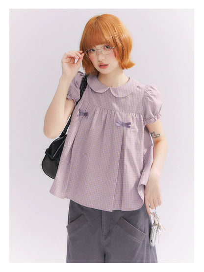 “Taro Milk Candy” Purple Plaid Bow Peter Pan Collar Puff Sleeve Blouse