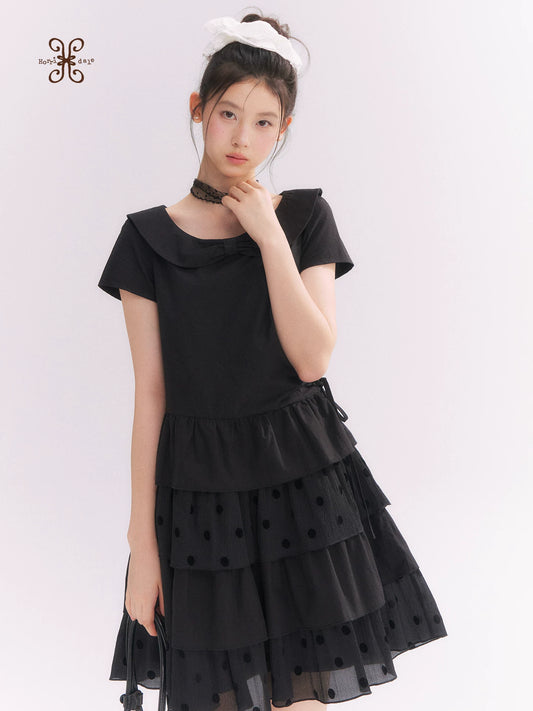 “Midnight Sweetheart” Black Korean-Style Bow Polka Dot Tiered Dress