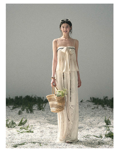 “Breeze Over Pleats” Cream Ribbon Camisole Top