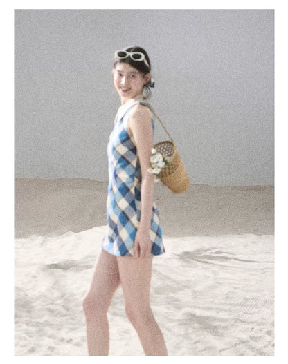 "Sunset by the Shore" Vintage Blue Plaid Polo Mini Dress 358648564