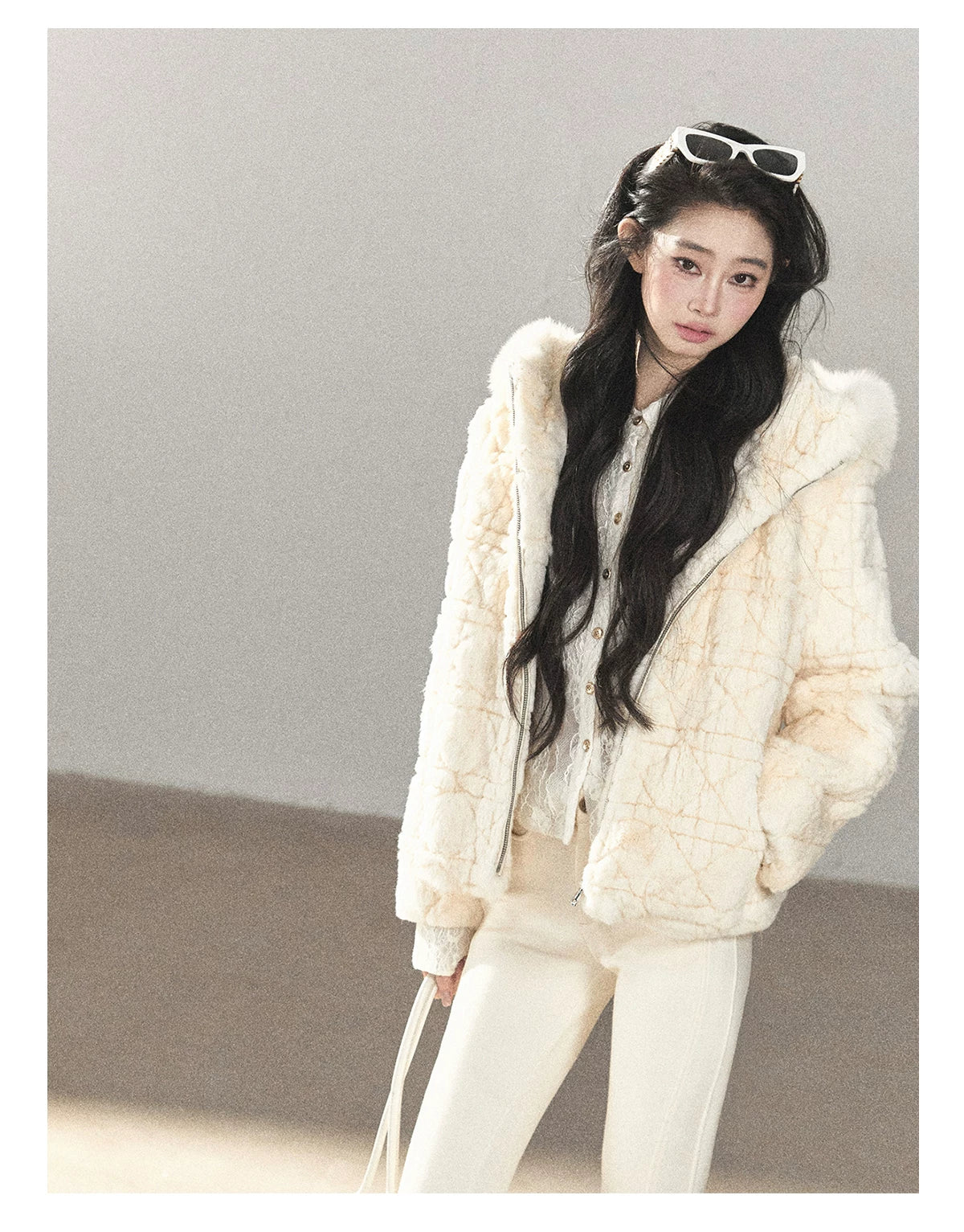AOMALM - Cloud White Rabbit Fur Cropped Coat