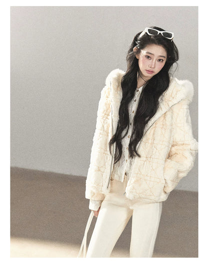 AOMALM - Cloud White Rabbit Fur Cropped Coat