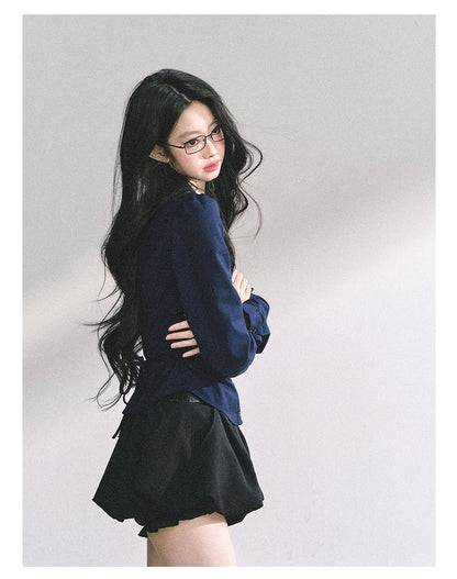 少也眼 "K-Drama White Moonlight" Soft Sophisticate Blouse - Navy Blue 486864