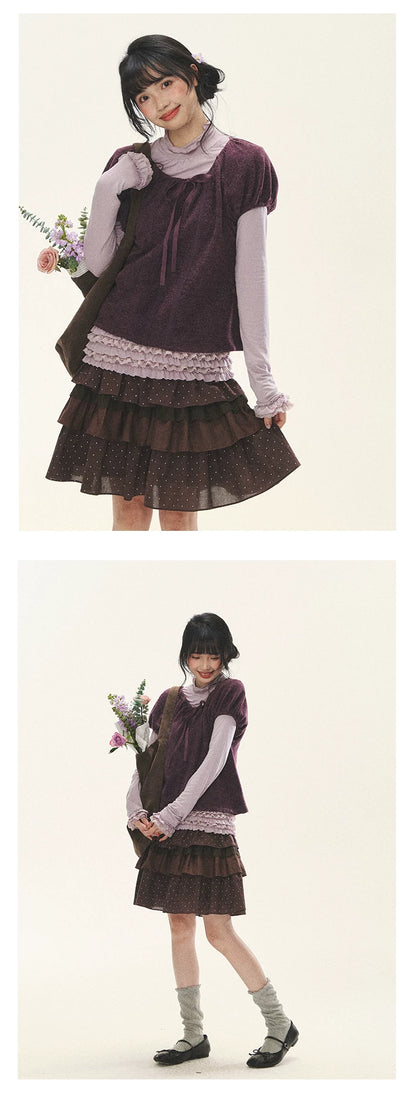 "Caramel Lace Notes" Brown Polka Dot Tiered Lace Midi Skirt