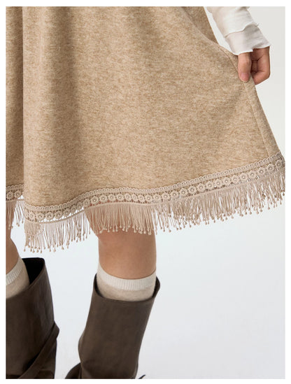 [CAN] "Dusky Floral Whispers" Blush & Chestnut Brown Set (Long Sleeve Top / Tassel Mini Skirt)