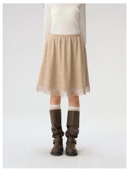 [CAN] "Dusky Floral Whispers" Blush & Chestnut Brown Set (Long Sleeve Top / Tassel Mini Skirt)