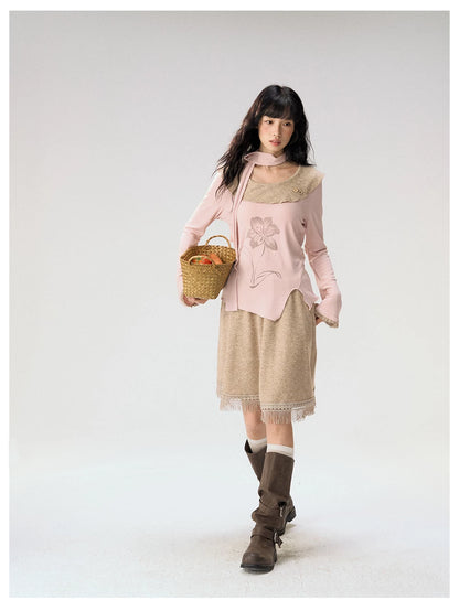[CAN] "Dusky Floral Whispers" Blush & Chestnut Brown Set (Long Sleeve Top / Tassel Mini Skirt)