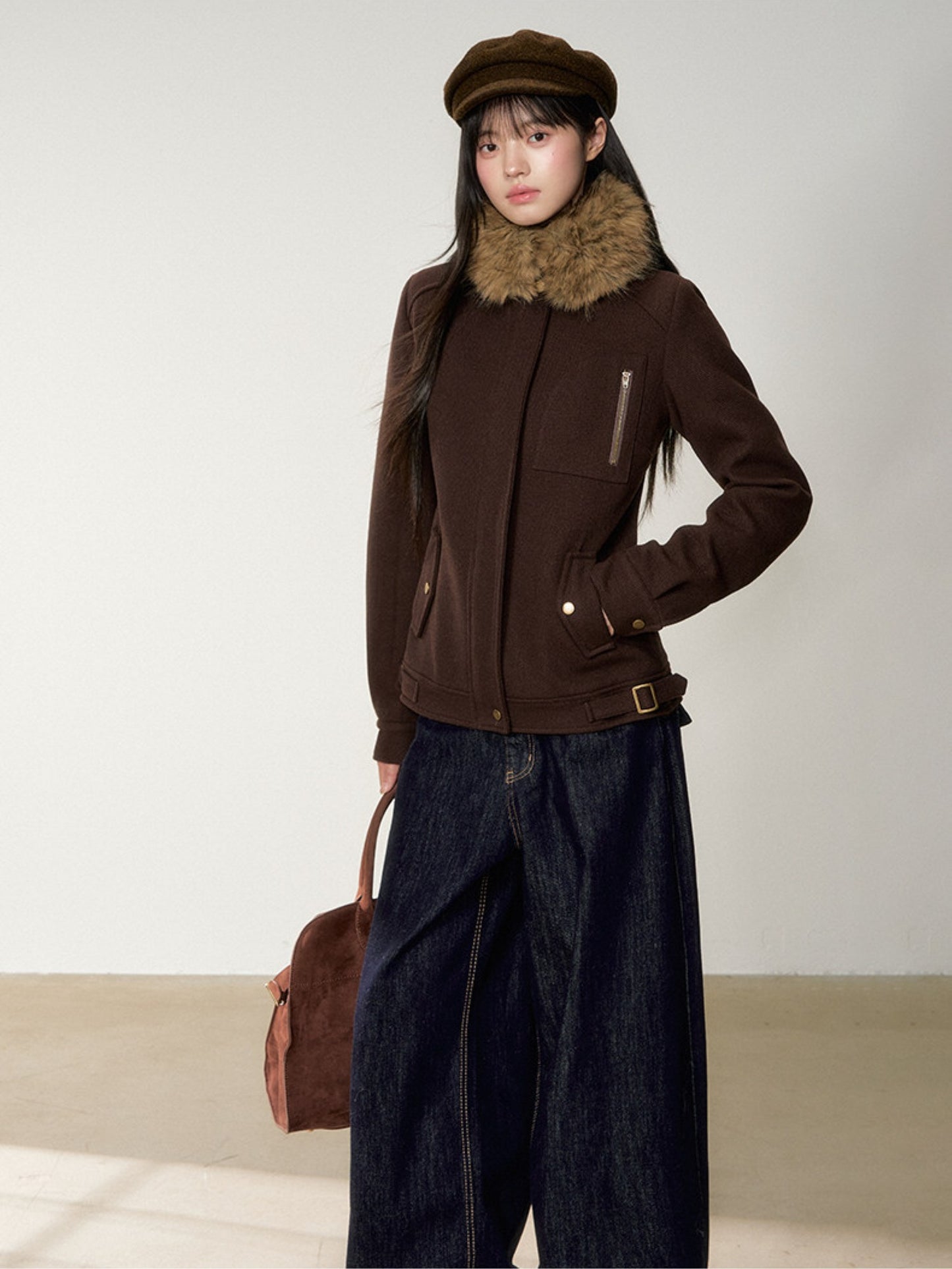 Soote Season - "Deep Roast" Twill Wool Fur-Collar Cinched Jacket