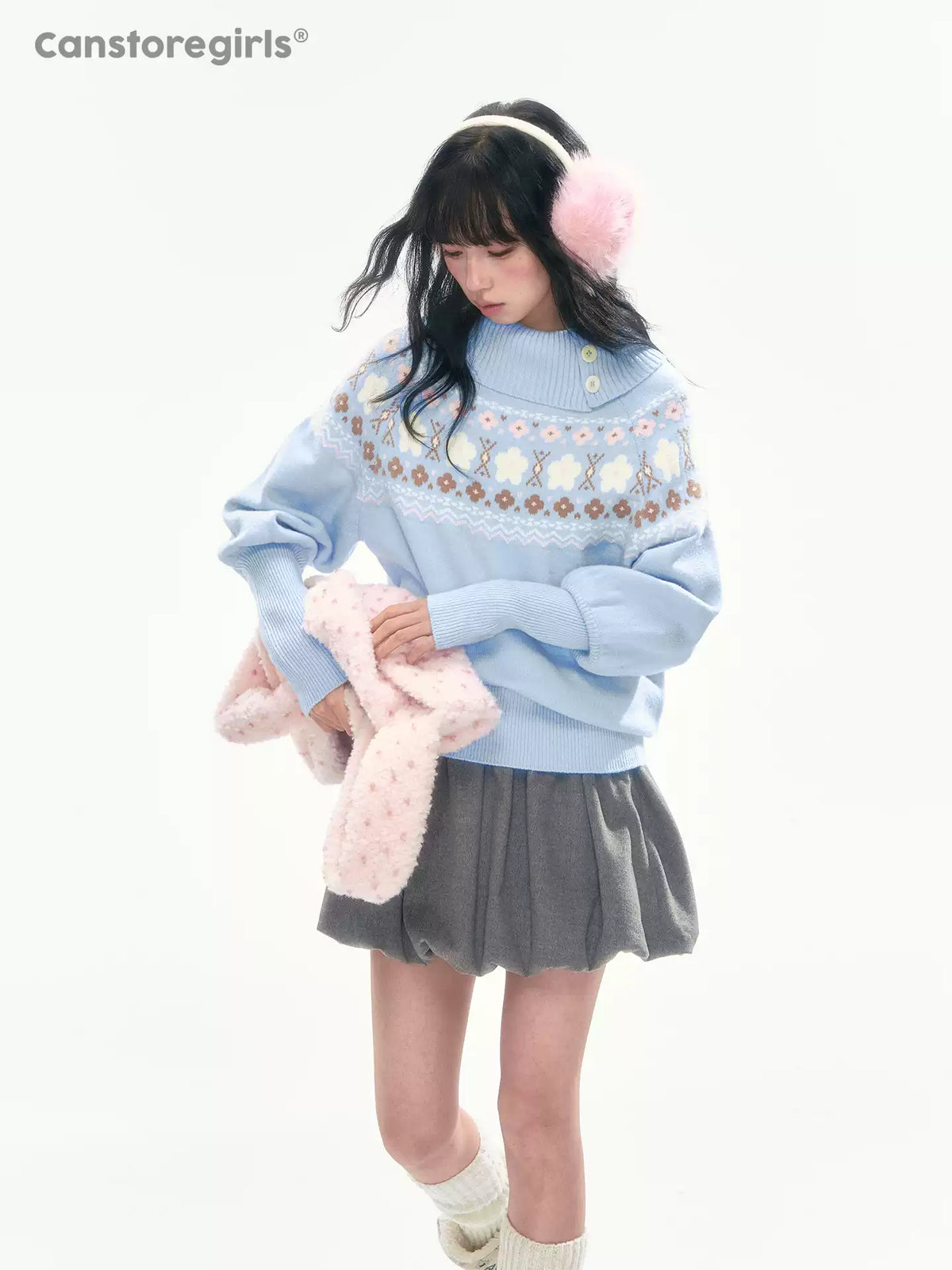 [CAN] Light Blue Floral Fair Isle Knit Sweater