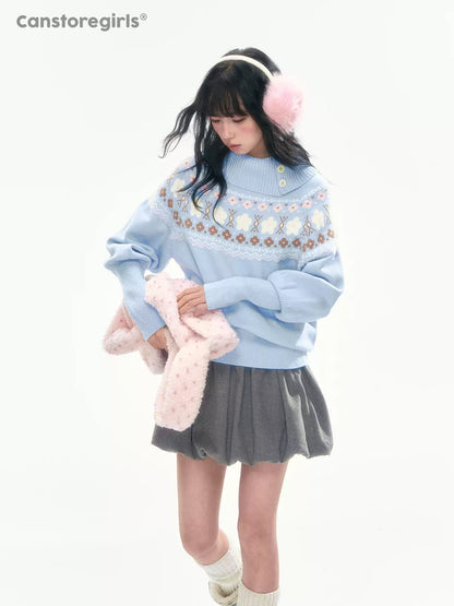 [CAN] Light Blue Floral Fair Isle Knit Sweater