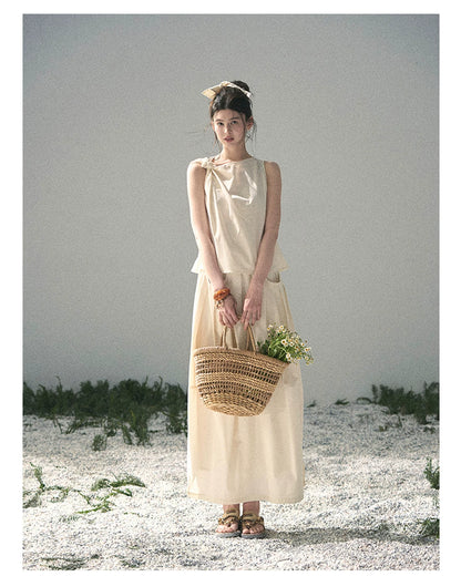 “Ivory Pleated Verse” Soft White Asymmetrical Twist Top & Skirt