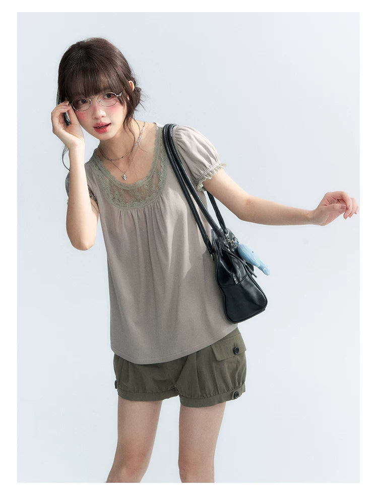 "Vintage Cream" Milk Gray Lace Trim Puff Sleeve T-Shirt