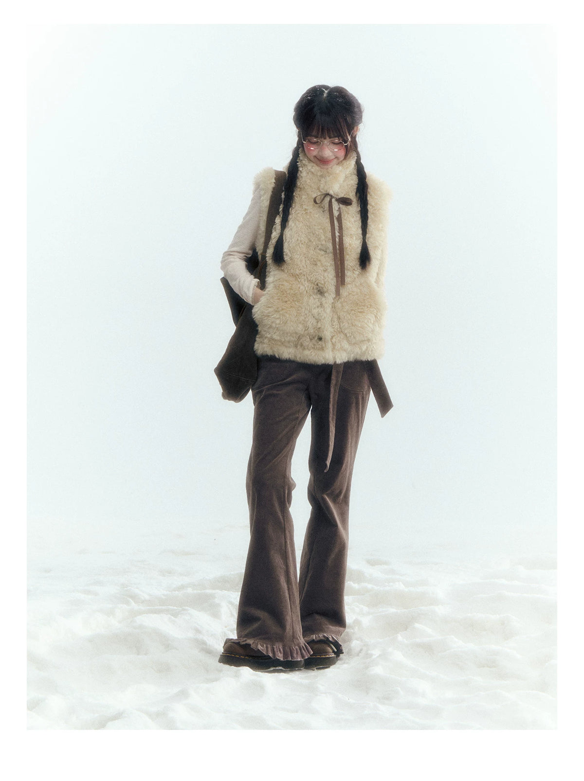 Horridale - Milk Tea Brown Floral Belt Corduroy Flare Pants
