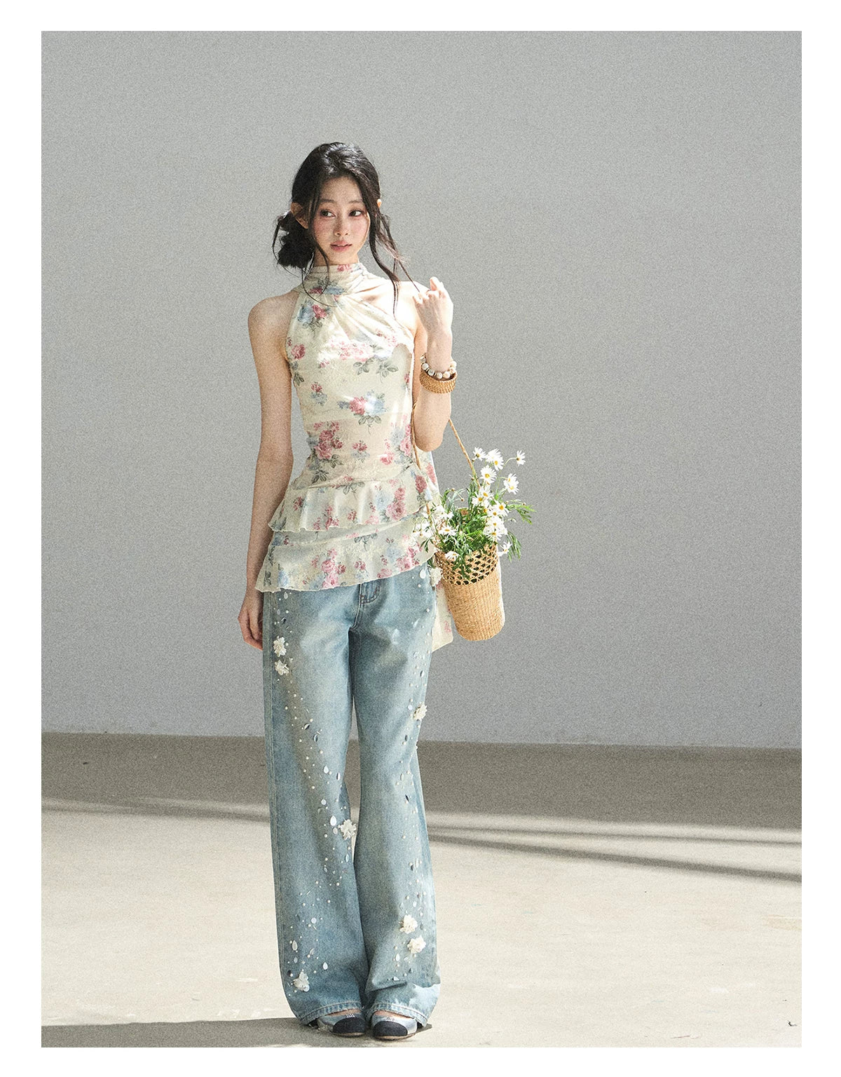 "Flowers & Sunlight" Dutch Cream Off-Shoulder Mesh Top