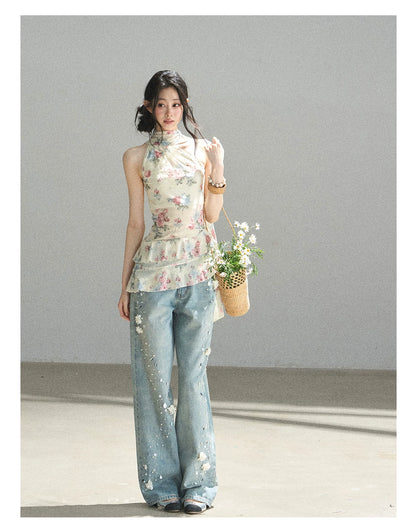 "Flowers & Sunlight" Dutch Cream Off-Shoulder Mesh Top