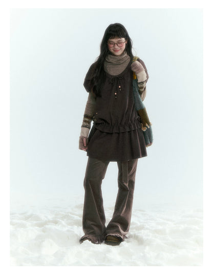 Horridale - Milk Tea Brown Floral Belt Corduroy Flare Pants