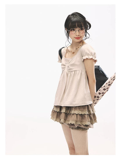 "Sweetheart Crew" Polka Dot Faux Two-Piece Bow Knit Short Sleeve Top