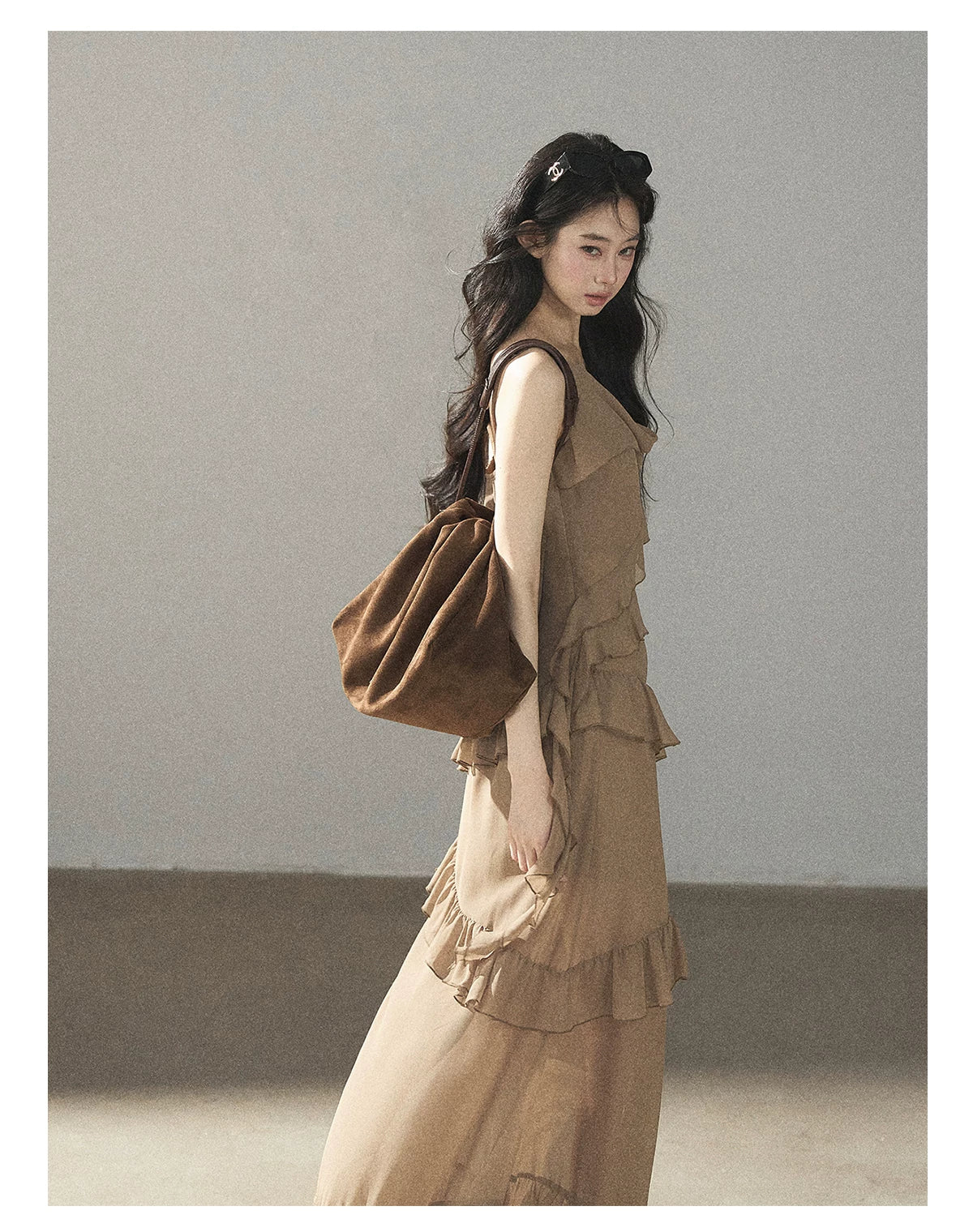 AOMALM - Cinnamon Gray-Brown Ruffle Chiffon Maxi Dress