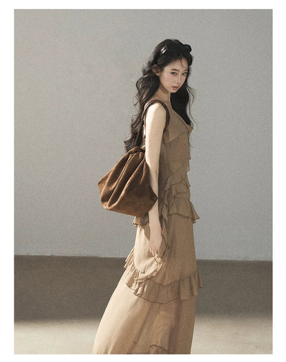 AOMALM - Cinnamon Gray-Brown Ruffle Chiffon Maxi Dress