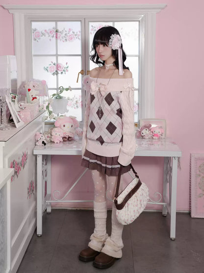 KYOUKO - My Melody Cream Argyle Off-Shoulder Sweater and Cocoa Maid Skirt Set