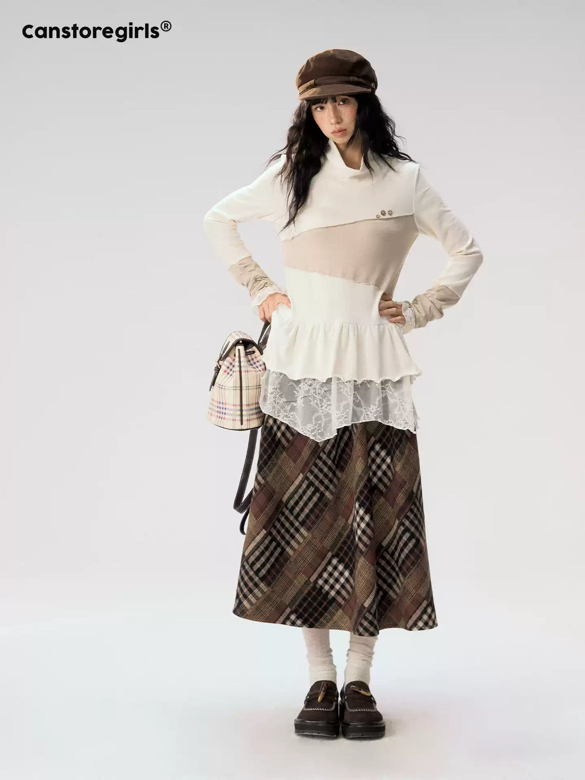 [CAN] "Oatmeal Harmony" Ivory Taupe Ruffle Lace Layered Knit Top