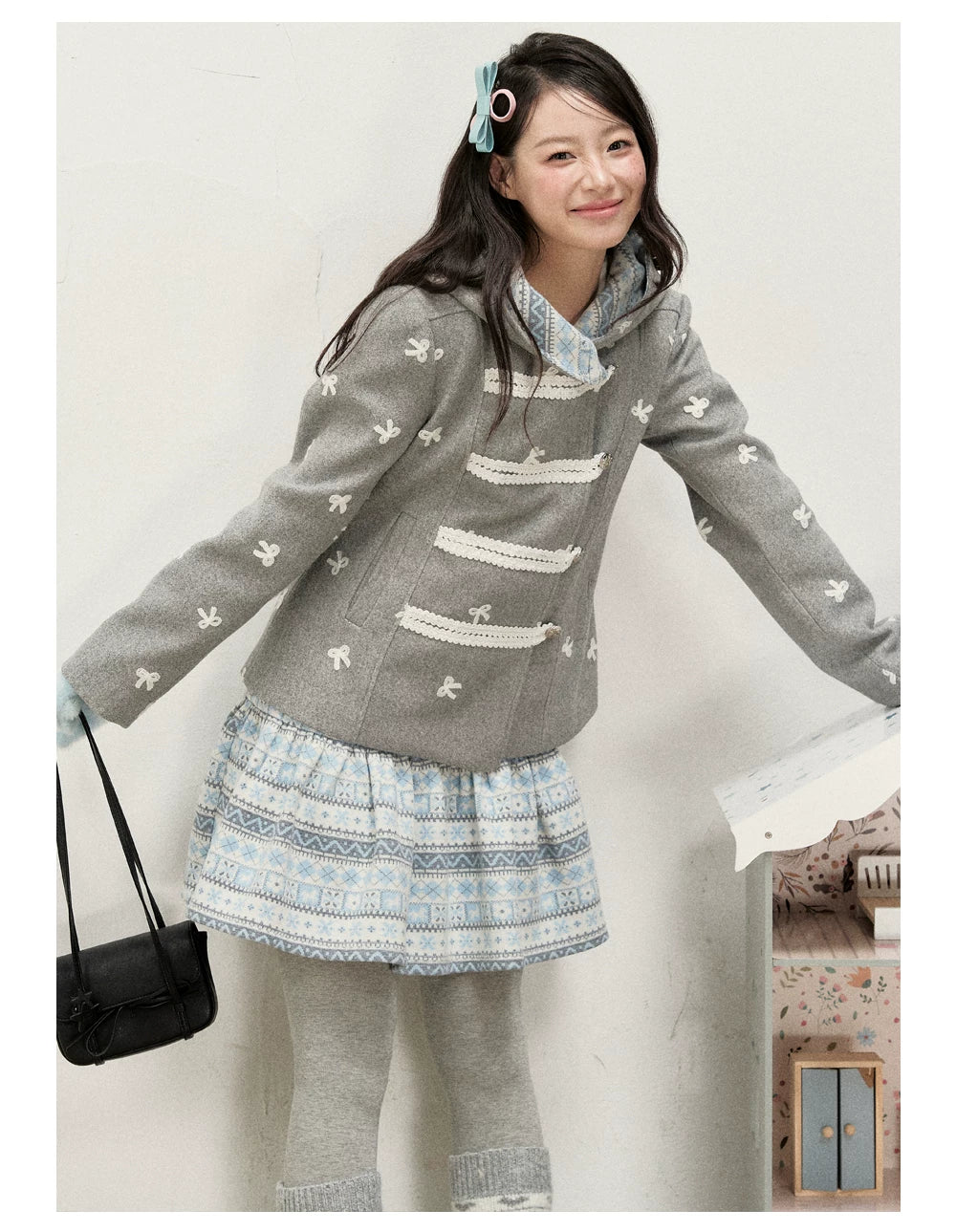 [RF] Heather Gray Vintage Jacquard Hooded Jacket with Frost Mist Blue Details