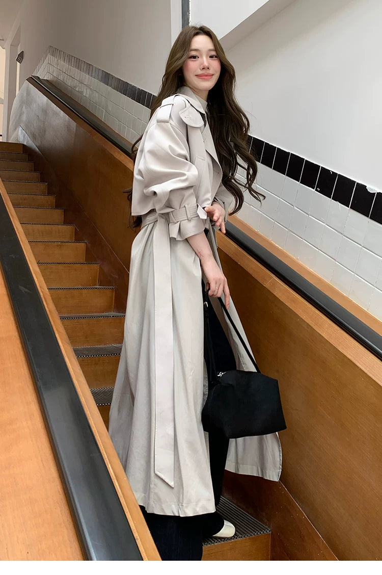 LaluneDuCiel - Beige Gray Double-Breasted Long Trench Coat