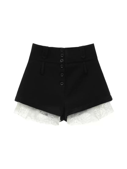MAMC - Black Wool-Blend Lace-Trim A-Line Tailored Shorts