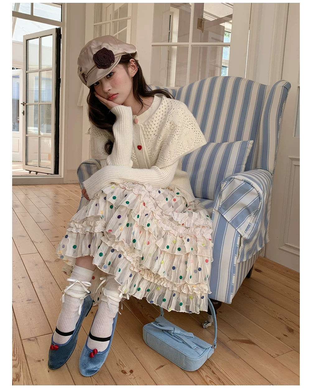 “Starlight Tulle Reverie” Apricot Polka Dot Mesh Skirt