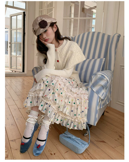 “Starlight Tulle Reverie” Apricot Polka Dot Mesh Skirt