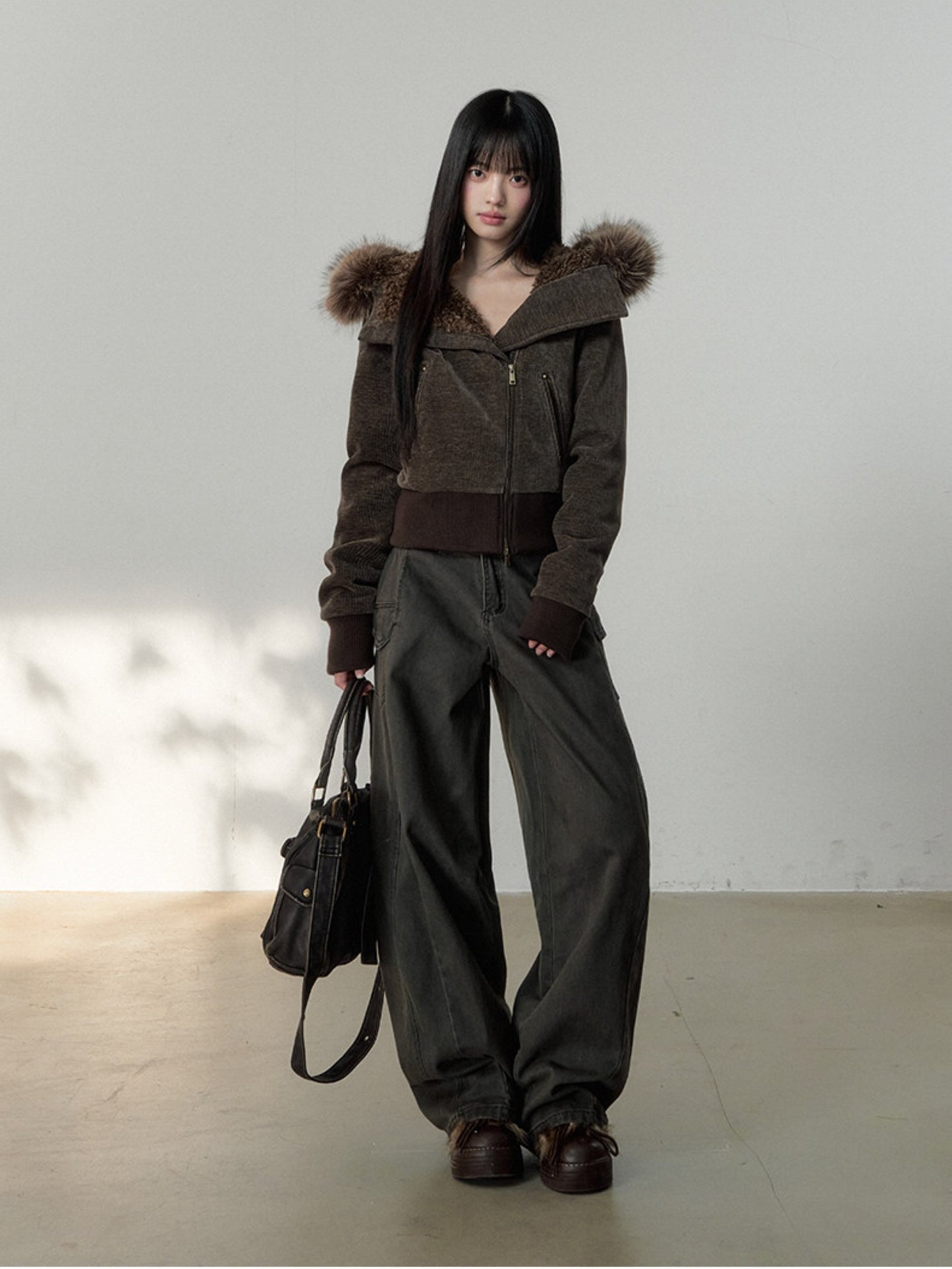 Soote Season - Deep Brown Chenille Faux-Fur Hooded Cropped Jacket