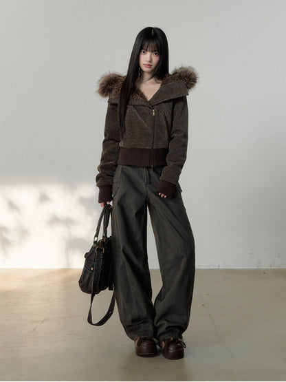 Soote Season - Deep Brown Chenille Faux-Fur Hooded Cropped Jacket