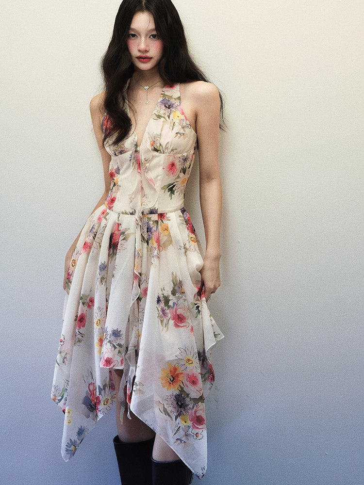 1P - “On The Ground” Watercolor Bloom Halter Midi Dress