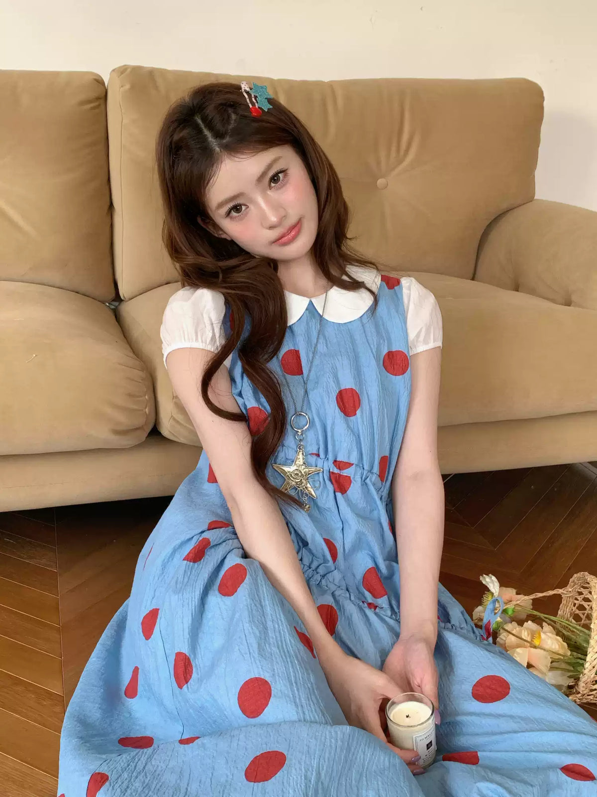 [RF] “Sea Salt Berry” Blue Polka Dot Textured Dress