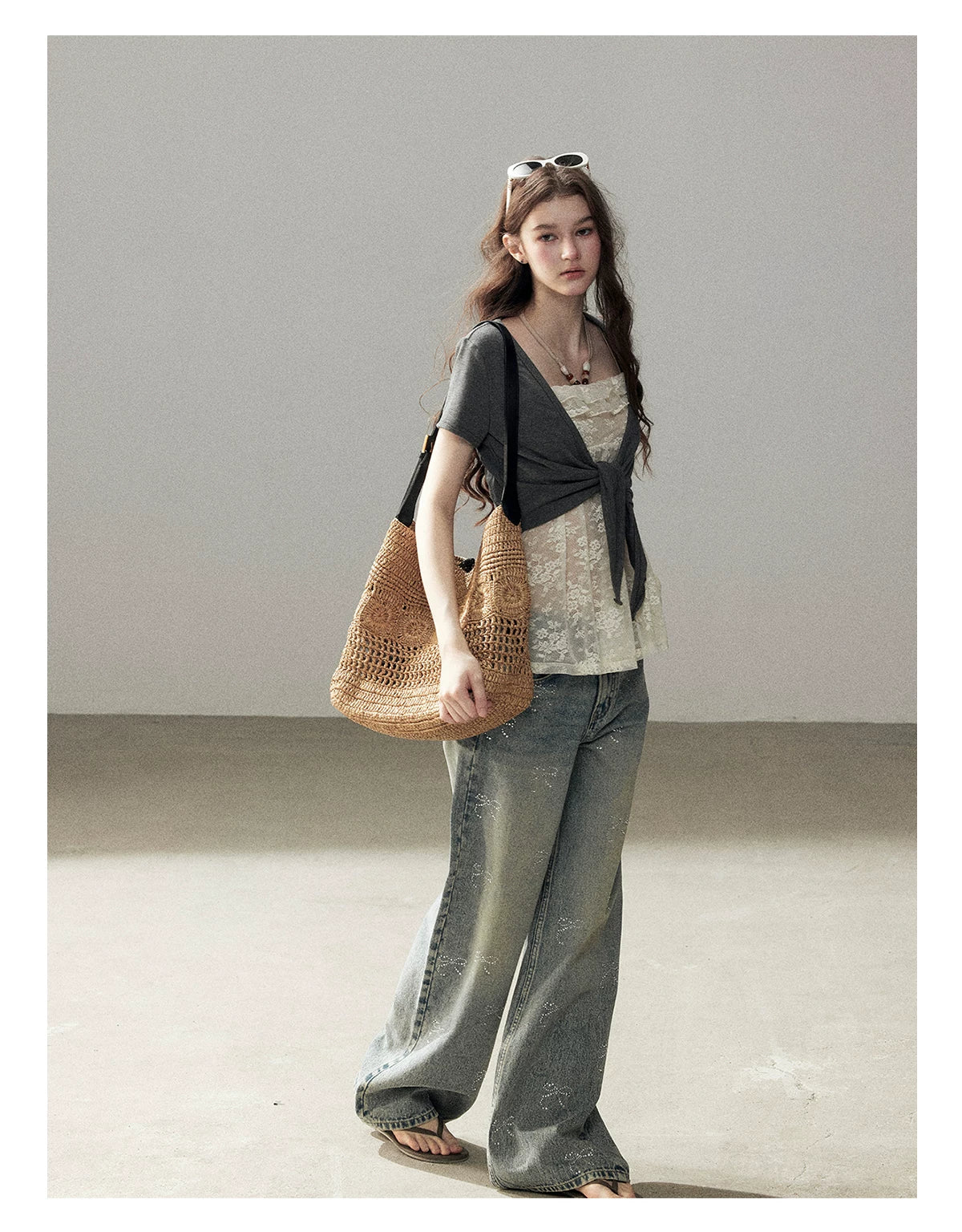 "Passing By the Sea" Vintage Blue Rhinestone Bow Wide-Leg Jeans