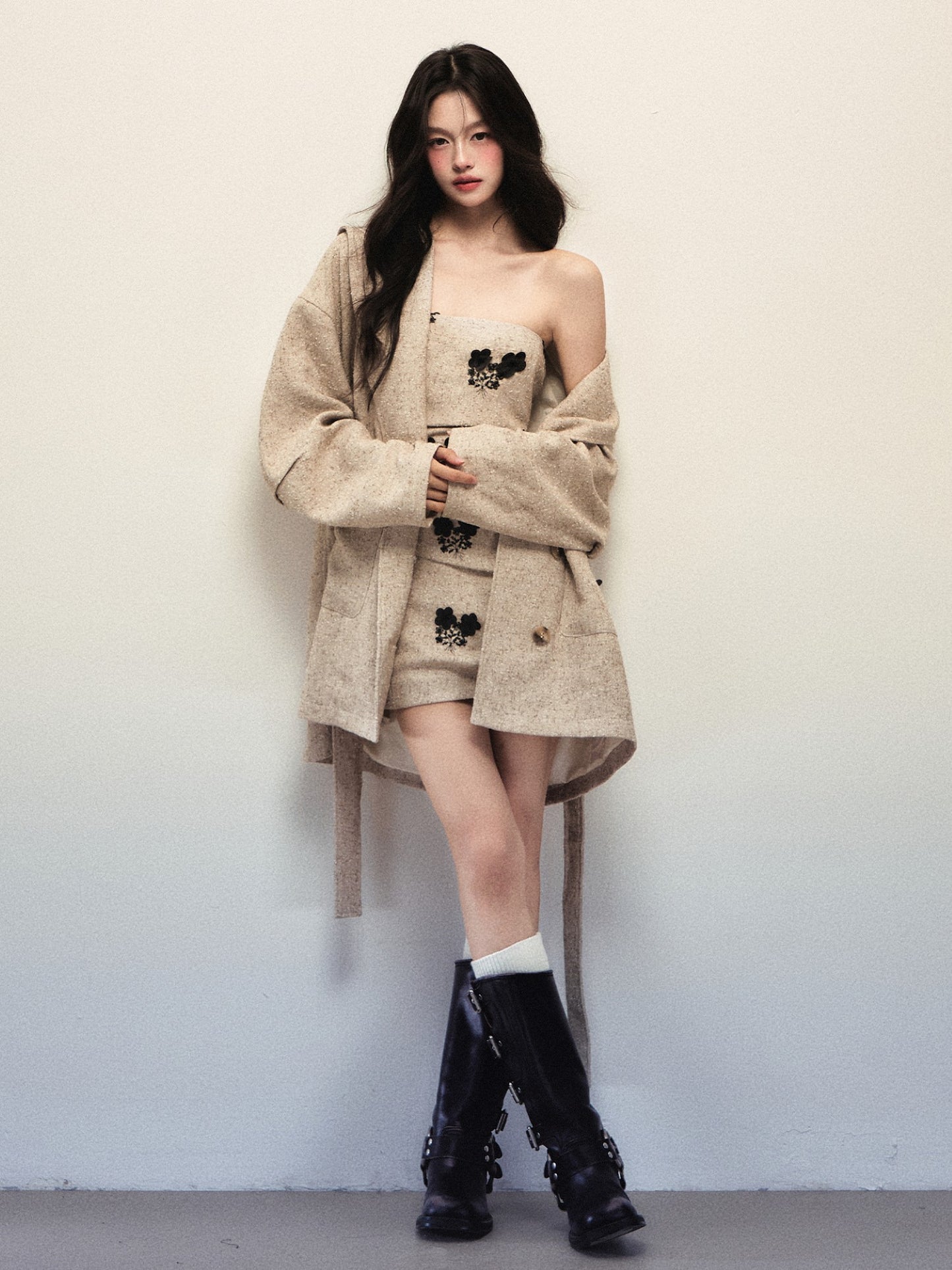 1P - Apricot Woolen Belted Coat & Tube Dress Set