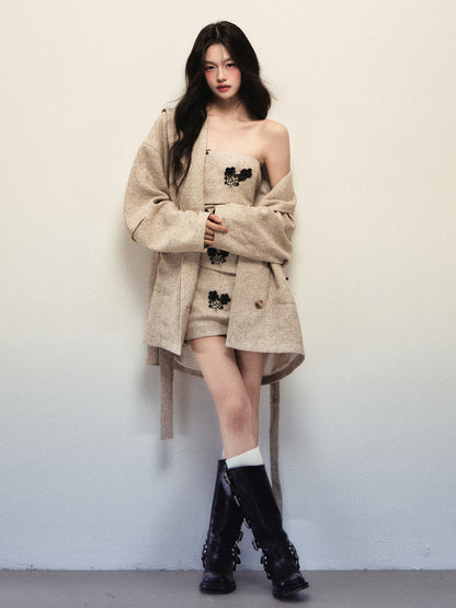 1P - Apricot Woolen Belted Coat & Tube Dress Set