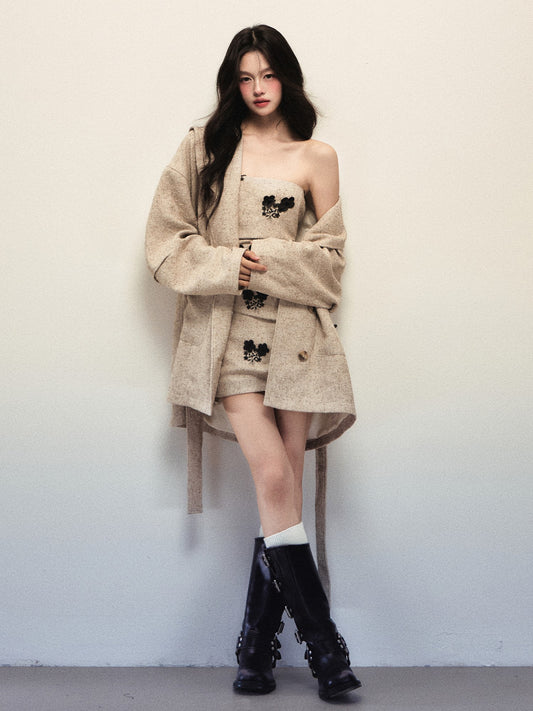 1P - Apricot Woolen Belted Coat & Tube Dress Set