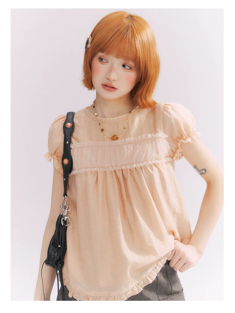 “Orange Soda” Seashell Orange Mesh Panel Puff Sleeve Top