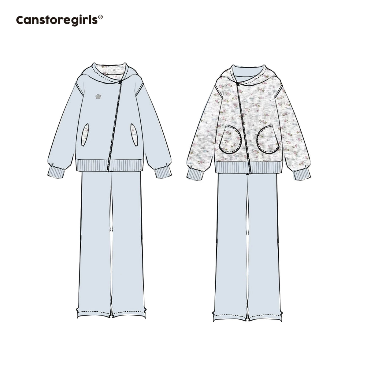 [CAN] "Misty Blue Floral Reverie" Light Blue Floral Set (Reversible Jacket / Sweatpants / Tiered Skirt)