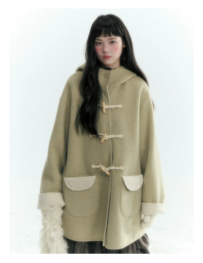 Horridale - Moss Green and Cream Reversible Hooded Wool Coat