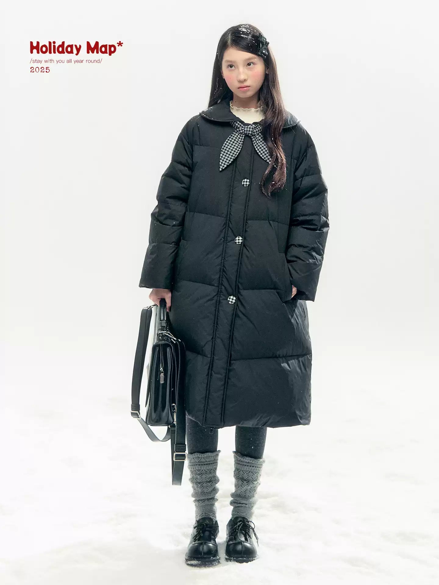 "Starry Night Little Witch" Black Long Down Coat with Detachable Bunny Bow Collar